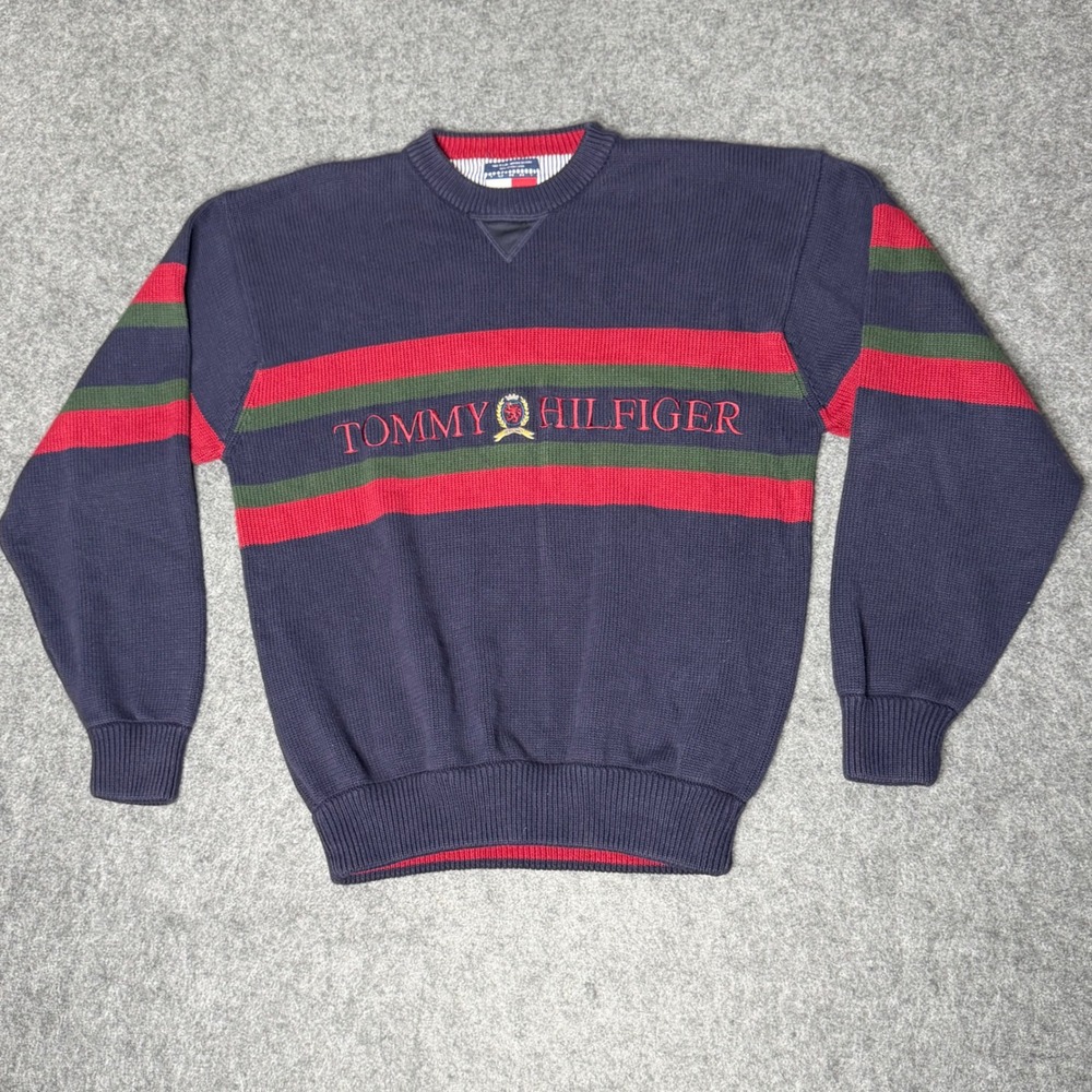 Vintage Tommy Hilfiger Crest Logo Stripe Knit Sweater Navy Blue Red Green XL